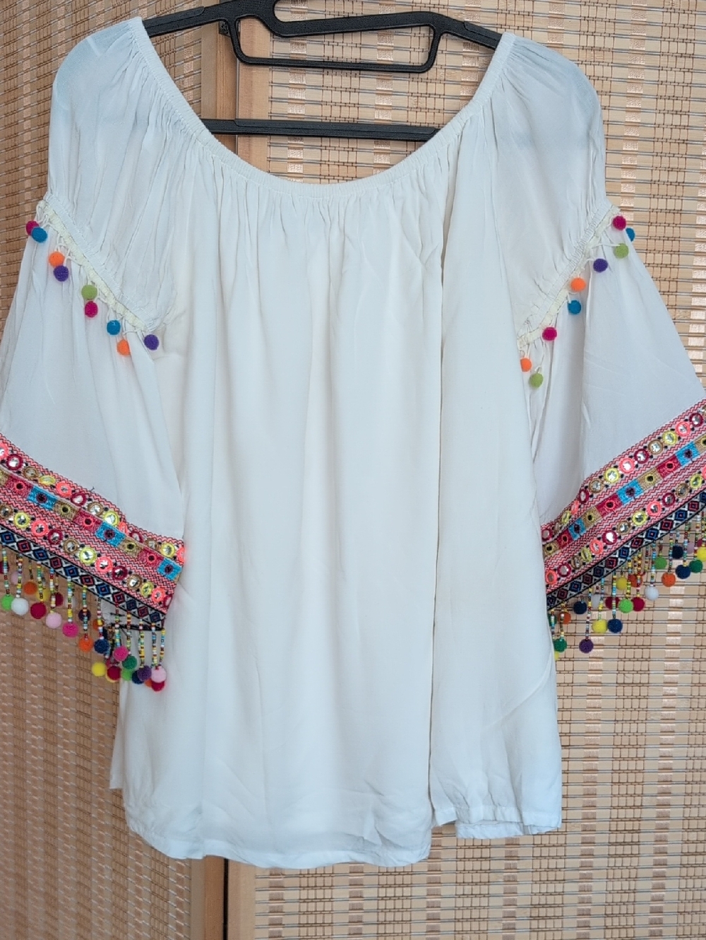 Stellah White Peasant Top with Multicolor Pom & Embroidered Trim